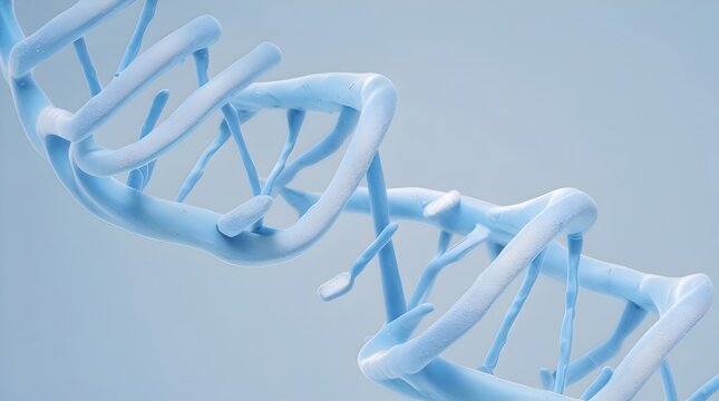 A vibrant clean blue double helix DNA structure stands out against a solid white background, with the helix's curved ladder-like shape and rungs rendered in a highly detailed and realistic style, the 