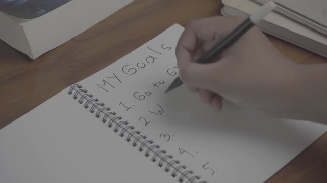 Person wrote "Wake up Early" in his goal on his notebook. On a wooden table. S-Log3, S-Gamut3.Cine