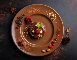 Decadent chocolate dessert with garnishes on a brown plate