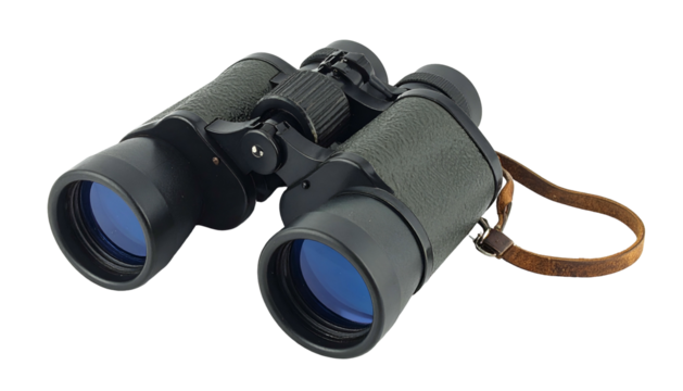 Green textured binoculars with black lenses and tan leather strap