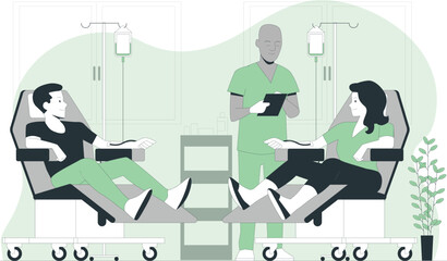 Patients Receiving IV Drip in a Medical Setting with a Nurse Keywords: patients, IV drip, medical, healthcare, hospital, clinic, nurse, treatment, medicine, recovery, illness, care, health