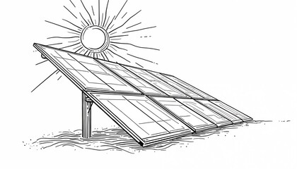 Minimalist line art shows solar panel collecting sunlight. Clean design on white background. Modern eco energy illustration. Renewable energy source drawing. Sustainable resource solution panel for