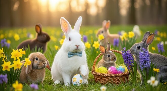 Enchanting easter gathering of bunnies among blooming wildflowers bathed in ethereal sunlight