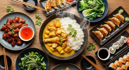 Overhead shot showcasing diverse Asian cuisine, with rice, curry, sushi and dumplings on a wooden table, concept for restaurant menu, food blogging and culinary presentation