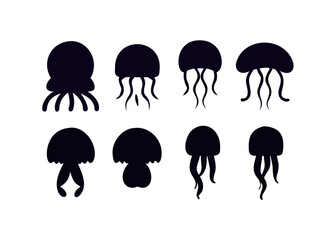 Vector illustration of different silhouettes jellyfish.Set black jellyfish icons. Pretty jellyfish different silhouette on white background. For festive card, logo, children, pattern, tattoo, decorat
