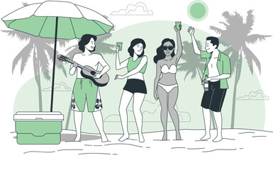 Diverse group of friends enjoying a beach party with music and drinks under a large umbrella guitar