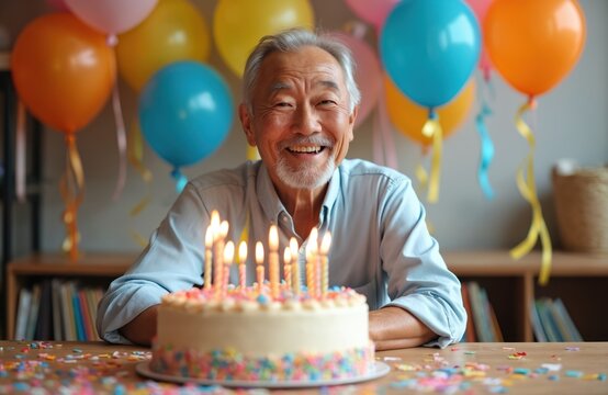 Elderly Asian man smiles joyfully at birthday party. Lit candles on cake, colorful balloons float above. Festive celebration unfolds with confetti scattered on table. Happy senior enjoying special