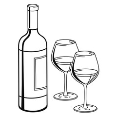 Wine bottle and two glasses, vector illustration