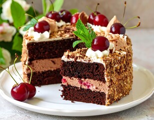 Chocolate cake with cherries and whipped cream, sliced