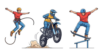 Dynamic Trio of Extreme Sports Athletes in Action. © Il