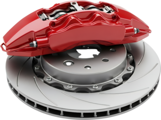 A high performance red brake caliper and vented brake disc assembly detailed metallic components isolate automotive engineering mechanical highperformance