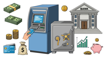 Blue ATM Machine with Safe and Financial Elements Illustration.
