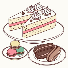 Cake slices and dessert, sweet treats illustration