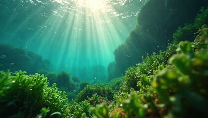 Sunbeams pierce clear blue ocean water illuminating vibrant green seaweed and aquatic plants on rocky seabed. Bubbles rise from seabed flora in sunlit underwater ecosystem.
