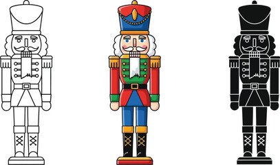 Three nutcracker illustrations in outline, color, and silhouette styles