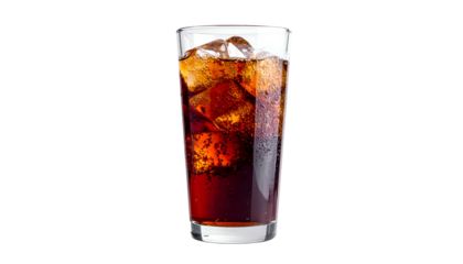 Iced brown beverage in a tall glass on a dark background