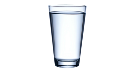 A clear glass is full of water on a stark black background