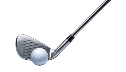 Golf club face and a white ball against stark black background