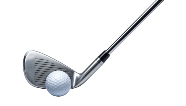 Golf club face and a white ball against stark black background - Powered by Adobe