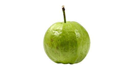Whole light green guava fruit with stem against black backdrop