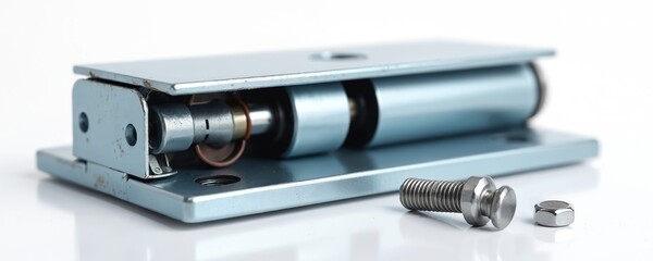 Electromagnetic door lock device isolated on white surface. Silver metal security system shows access control and privacy. Automatic entry technology for safe home apartment or office.