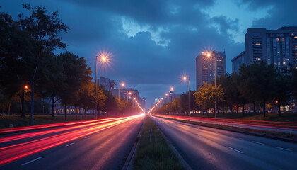 City road at dusk with long exposure. Car lights create red lines. Urban cityscape features buildings streetlights and dark sky with clouds. Trees line up the road along with the buildings.