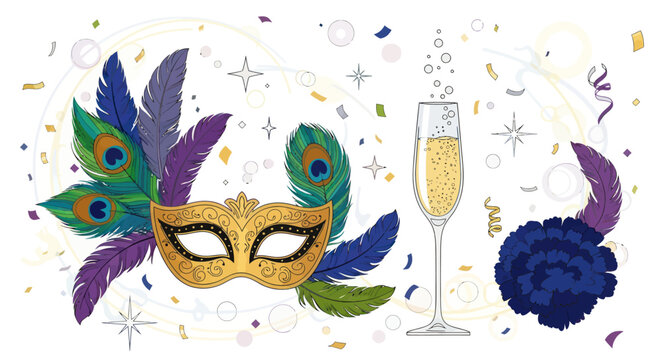Festive Mardi Gras Mask and Champagne Celebration.