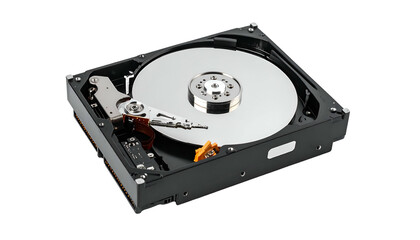 Open hard drive showing platters, head, and actuator arm mechanism