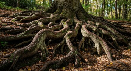 Exposed root system of a mature tree in the forest showcasing nature's strength and resilience