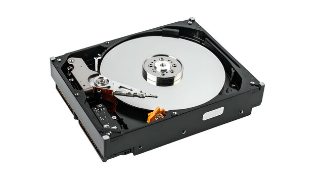 Open hard drive showing platters, head, and actuator arm mechanism