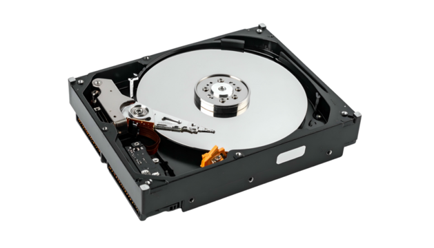 Open hard drive showing platters, head, and actuator arm mechanism