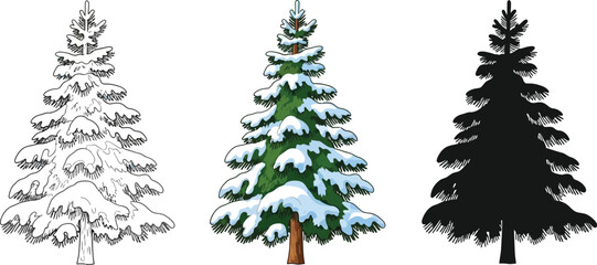 Fototapeta premium Three snow-covered pine tree illustrations in different styles