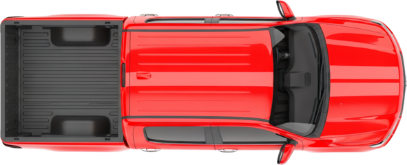 Top Down View Of A Bright Red Pickup Truck With A Black Interior Bed And Tinted Windows Isolated On A Transparent Background With A Vehicle Automobile Transport