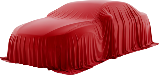 A car body is completely covered with a red draped cloth obscuring its shape and details isolate red cloth fabric vehicle reveal new car unveiling automotive