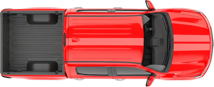 Top Down View Of A Bright Red Pickup Truck With A Black Interior Bed And Tinted Windows Isolated On A Transparent Background With A Vehicle Automobile Transport