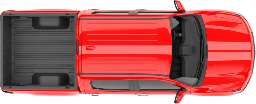 Top Down View Of A Bright Red Pickup Truck With A Black Interior Bed And Tinted Windows Isolated On A Transparent Background With A Vehicle Automobile Transport