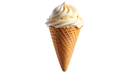 Creamy soft-serve ice cream spirals in a waffle cone, isolated