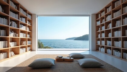 Modern library interior with sea view. Bookshelves fill walls on both sides. Cozy sitting area, floor pillows books coffee table. Peaceful room for studying or online work.