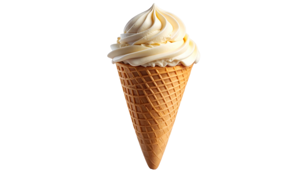 Creamy soft-serve ice cream spirals in a waffle cone, isolated