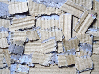 Brown cardboard, torn into numerous pieces.