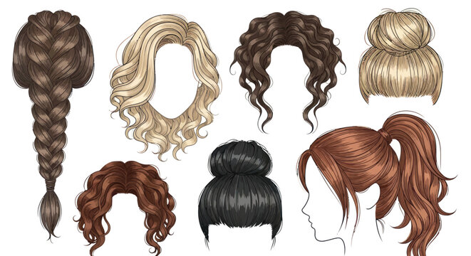Diverse Collection of Womens Hairstyles: Braids Buns and Flowing Locks.