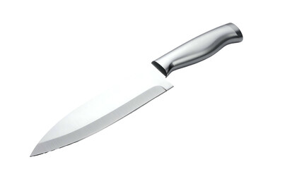 Shiny metal chef's knife with stainless steel handle and sharp blade