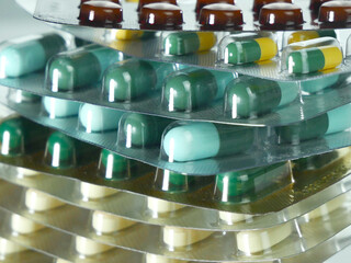 Many capsule blister packs, macro image.