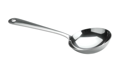 Stainless steel serving spoon, light reflection on polished surface