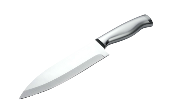 Shiny metal chef's knife with stainless steel handle and sharp blade