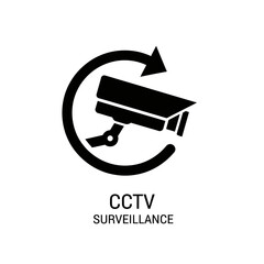 Modern black icon representing CCTV surveillance, symbolizing security and monitoring with a circular arrow indicating continuous operation.