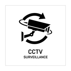 A sleek black icon illustrates a rotating CCTV surveillance camera, symbolizing security, monitoring, and protection in modern environments.
