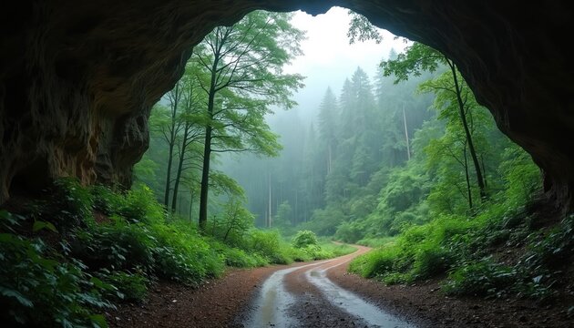 View from cave entrance shows wet forest path during heavy rain. Tall green trees line the muddy road leading into misty wilderness. Lush foliage grows near cave mouth.