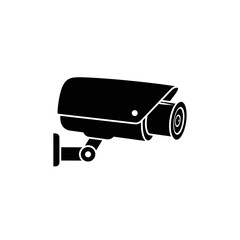 A crisp black silhouette icon of a modern CCTV security camera, representing constant surveillance, protection, and advanced monitoring technology.