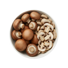 Fresh and canned slices of cultivated brown mushrooms in a white bowl. Agaricus bisporus, also known as champignons, common, button, or table mushrooms.